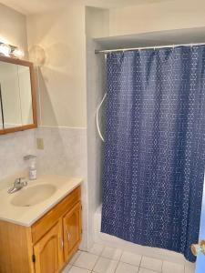 uma casa de banho com uma cortina de chuveiro azul e um lavatório. em 103-2 Bed Modern Apt in the Heart of Hoboken em Hoboken