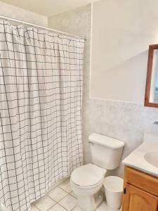 a bathroom with a toilet and a shower curtain at 124-2 Bedroom 2 Bath Apt in Heart of Hoboken in Hoboken