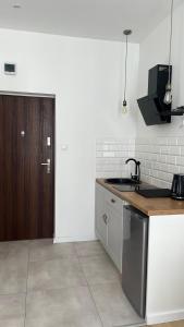 uma cozinha com um balcão, um lavatório e uma porta em Kamienica Łódzka em Lódź