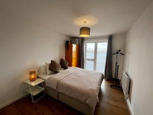 Un dormitorio con una cama grande y una ventana en Two bedroom apartment in Barry-close to beach, en Barry