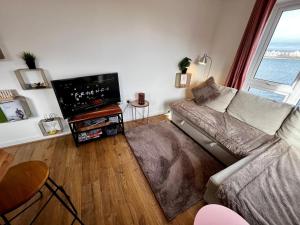 a living room with a couch and a flat screen tv at Two bedroom apartment in Barry-close to beach in Barry