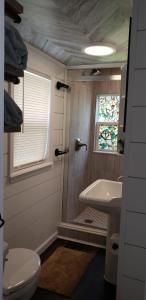 a bathroom with a shower and a toilet and a sink at Tiny Paradise Escape llc in Howey in the Hills