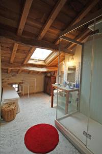 een kamer met een glazen douche en een rood tapijt bij Kernad in Bersac-sur-Rivalier
