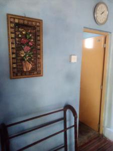 a blue wall with a picture of a plant and a clock at REVESTON HOLIDAYS in Matale