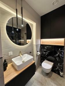 a bathroom with a sink and a toilet and a mirror at Apartamenty Belona in Stegna