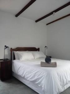 a bedroom with a large white bed with two lamps at Moira's Cottage in Calitzdorp +14 photos