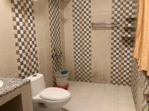 y baño con aseo y ducha. en Bollywood Lodge, en Sahāranpur