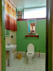 a green bathroom with a toilet and a sink at Villa 301 B&B in Baclayon