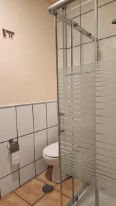 een badkamer met een toilet en een glazen douche bij Click & Guest - Tropical Escape in Playa de Arinaga in Agüimes