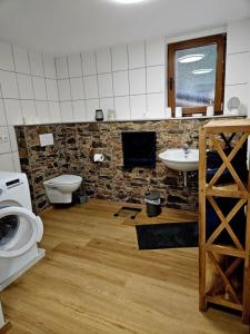 ein Badezimmer mit einem WC, einem Waschbecken und einer Waschmaschine in der Unterkunft Peppi´s Waldblick 