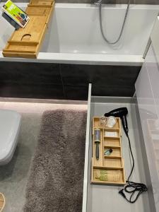 łazienka z umywalką, toaletą i półką w obiekcie Zielone Tarasy Kraków Crakow w Krakowie