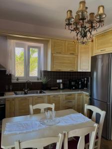 a kitchen with a table with chairs and a refrigerator at Alseides Villas in Chort&aacute;ta