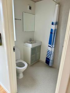 La salle de bains est pourvue de toilettes et d'un lavabo. dans l'établissement Nørager Apartments, à Nørager