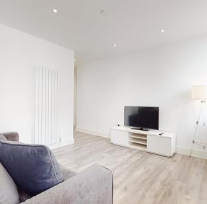 a living room with a couch and a flat screen tv at Spacious two bedroom apartment with Valley views in Abertillery +4 photos