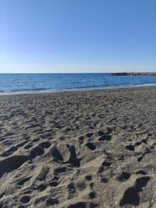 una playa con huellas en la arena y el océano en Apartment for holiday rent in Marina di Cecina, en Cecina