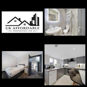 a collage of photos of a us architectable bathroom at Magee Town House 'Sleeping 8 guests' in Londonderry County Borough