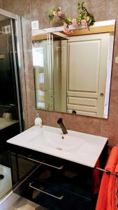 La salle de bains est pourvue d'un lavabo blanc et d'un miroir. dans l'établissement gîte la bohème, à Saint-Valery-sur-Somme