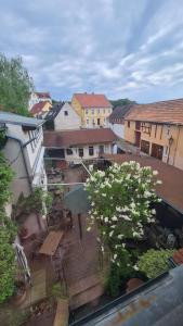 uma vista superior de um pátio com uma árvore e bancos em Hotel-Garni "Zum Löwen" em Bad Freienwalde