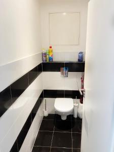 a bathroom with a white toilet and a black and white tiles at Apartment in the Heart of Ostrava in Moravská Ostrava