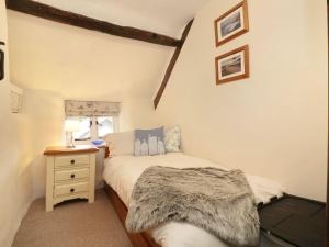 um quarto com uma cama e uma mesa de cabeceira com um candeeiro em Larksworthy Cottage em North Tawton