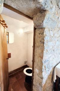 La salle de bains est pourvue d'un mur en pierre et de toilettes. dans l'établissement Maison d'une chambre avec jardin clos a Tour de Faure, à Tour-de-Faure