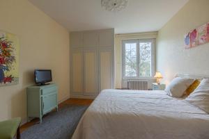 1 dormitorio con 1 cama blanca y TV en Chez Maryse et Guy - Bel Appt pour 4 avec jardin, en La Ville-aux-Clercs