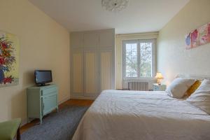 una camera da letto con un letto bianco e una televisione di Chez Maryse et Guy - Bel Appt pour 4 avec jardin a La Ville-aux-Clercs