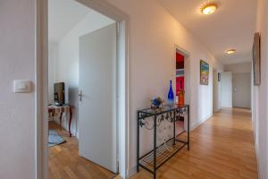 un pasillo con una puerta que conduce a una sala de estar en Chez Maryse et Guy - Bel Appt pour 4 avec jardin, en La Ville-aux-Clercs