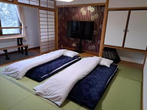 2 łóżka w pokoju z telewizorem z płaskim ekranem w obiekcie 大山ベースキャンプ（Daisen Basecamp） w mieście Daisen