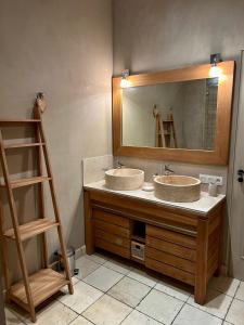 baño con 2 lavabos y espejo grande en Maison De Charme En Bourgogne en Saint-Gengoux-le-National
