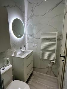 y baño con aseo, lavabo y espejo. en Maison De Charme En Bourgogne en Saint-Gengoux-le-National