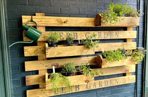 un jardin de palettes en bois avec des plantes en pot sur un mur dans l'établissement Garden Cottage at Old Post Office, à Bardon Mill