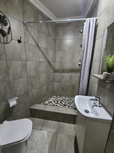 ein Bad mit einer Dusche, einem WC und einem Waschbecken in der Unterkunft ZUCH Accommodation at Pafuri Self Catering - Guest Suite in Polokwane
