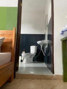 a bathroom with a toilet and a sink at Bruks Guest House in Kumasi