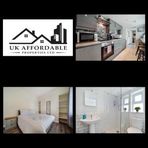 a collage of three pictures of a kitchen and a bathroom at Carlisle Lodge 'Sleeping 6 guests' in Derry Londonderry