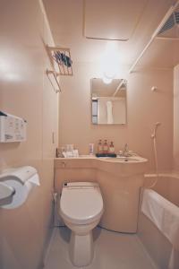 a bathroom with a toilet and a sink and a mirror at Apricot Pension in Hakuba