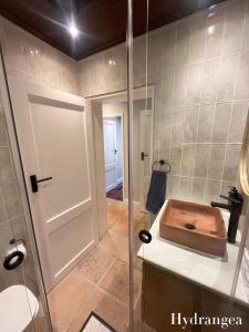 a bathroom with a shower and a toilet and a sink at Pinoak Self Catering Cottages - Constantia in Cape Town