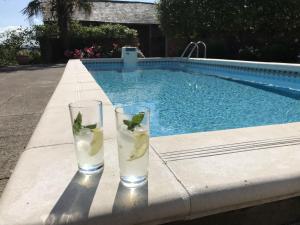 dos vasos de agua junto a una piscina en Cider Mill Cottage, en Clifton upon Teme