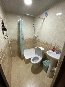 a bathroom with a toilet and a sink and a shower at Khan hotel in Khiva +33 photos