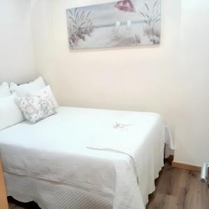 ラメーゴにある2 bedrooms house with furnished terrace and wifi at Lamegoの壁に絵が描かれた部屋の白いベッド1台
