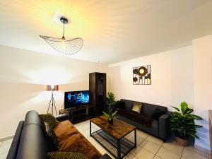 ein Wohnzimmer mit einem Sofa und einem TV in der Unterkunft *Le Golden Tropic* Magnifique T4 Terrasse+Parking in Vaulx-en-Velin