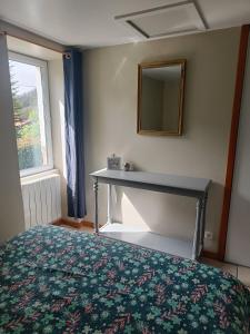 a bedroom with a bed and a mirror on the wall at Les Pieds dans l'eau, Gîte Le Blagour in Lachapelle-Auzac