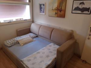 a couch in a living room with a window at Apartamento Parque Jardim Europa in Rio de Janeiro