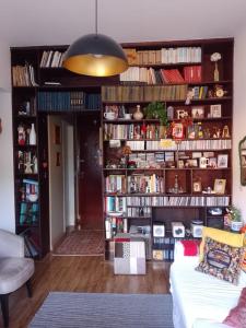 a living room with a book shelf filled with books at Apartamento Parque Jardim Europa in Rio de Janeiro