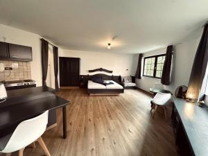 Großes Zimmer mit einem Bett und einer Küche mit in der Unterkunft In & Out Boardinghaus in Stolberg