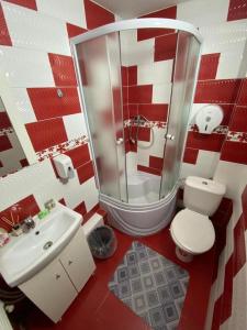 baño rojo y blanco con aseo y lavamanos en Sinaia Rooms 25, en Sinaia