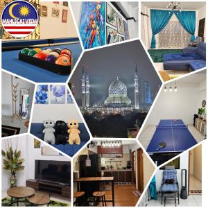 a collage of different pictures of a room at Homestay "MAHLIGAI VIEW" near Masjid Shah Alam UITM Shah Alam I-City stadium shah alam IDCC 20 min kuala lumpur 1-10 people, free food, indoor games, big pool, fast wifi in Shah Alam