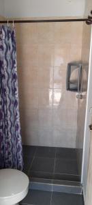 La salle de bains est pourvue d'une douche en verre et de toilettes. dans l'établissement Hotel Playa Divina, à Coveñas