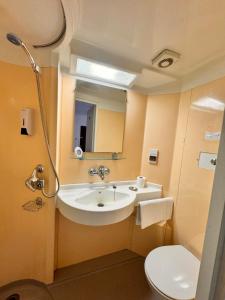 a bathroom with a sink and a toilet and a mirror at High Trees Guest House Gatwick in Hookwood