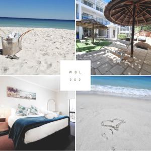 a collage of pictures of a bedroom and a beach at West Beach Lagoon 202 - Quiet & Ground Floor! in Perth